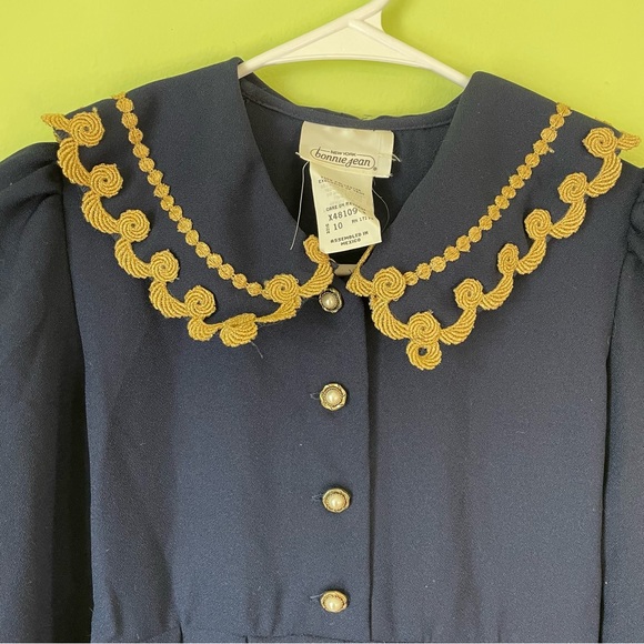 VINTAGE BONNIE JEAN NAVY BLUE AND GOLD TRIM SAILOR DRESS SIZE 10 - Picture 3 of 9